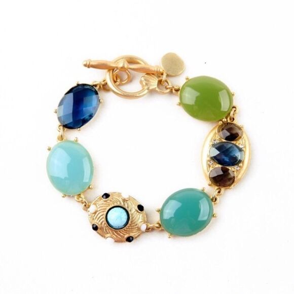Baroque Cabochon Blue Green Jewel Link Gold Tone Toggle Closure Bracelet NWT - Picture 1 of 8